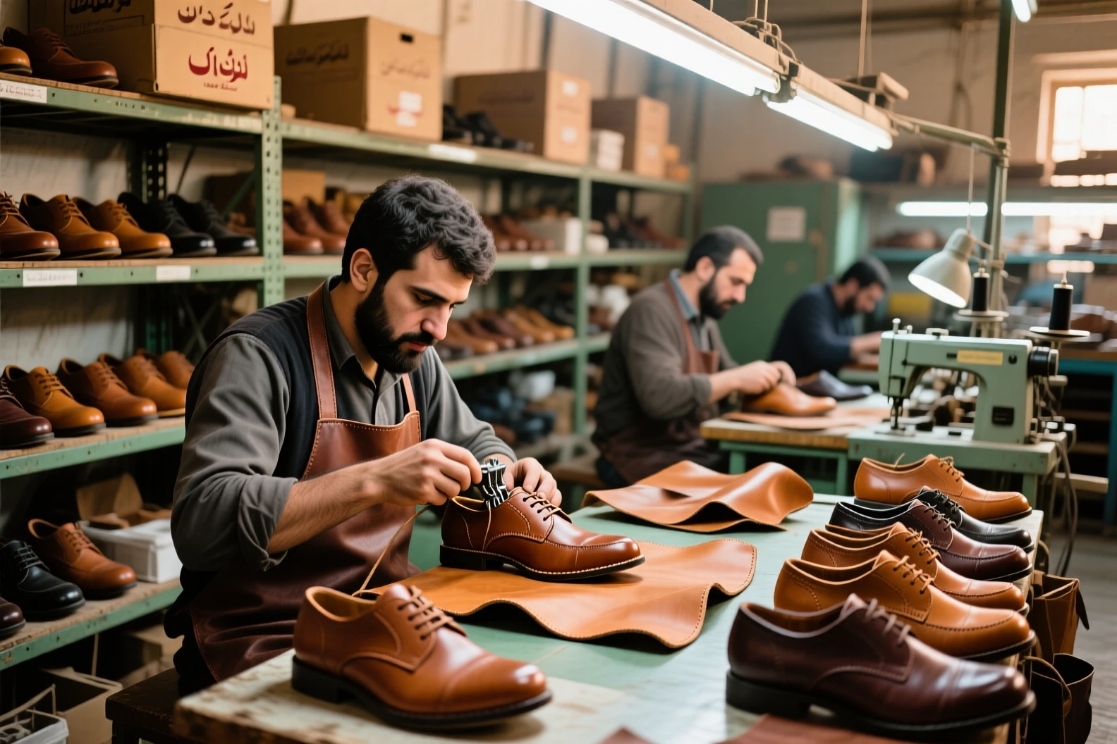 راهنمای جامع خرید کفش عمده تبریز؛ از تولید تا ارسال به سراسر ایران 1 کارگاه تولید کفش چرمی تبریز با استادکاران در حال دوخت، قفسههای پر از کفش آماده فروش عمده، نور گرم و فضای صنعتی